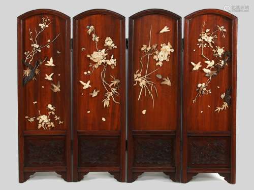 Fine Japanese 4 Panel Carved and Inlaid Wood Screen,