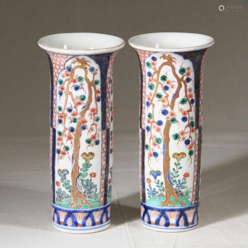 19th C. Pair Tall Chinese Imari Cylindrical Vases,