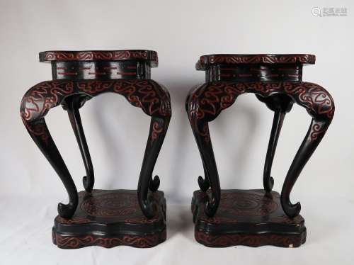 Pair Of Chinese Carved Lacquared Stools