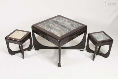 Shanghai Art Deco Low Table and Stools with Marble