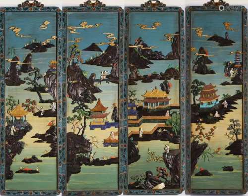 Very Fine Set of Cloisonne & Gem-Inlaid Panels