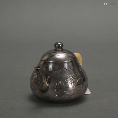 十九世纪 日本刻山水银壶