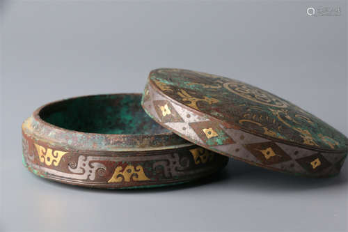 A Bronze Lidded Box with Gold&Silver Inlay.