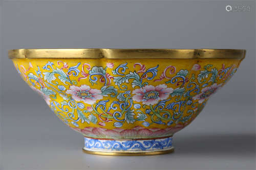 An Enameled Petal Shaped Copper Bowl.