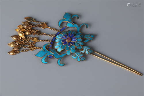 A Gilt Silver Kingfisher Craft Hairpin.