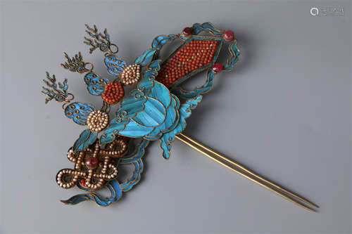 A Gilt Silver Kingfisher Craft Hairpin.