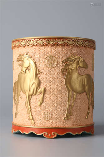 A Porcelain Brush Pot with Steed Design.