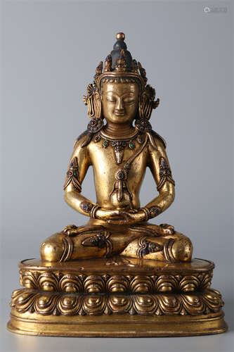 A Gilt Copper Amitayus Buddha Statue.