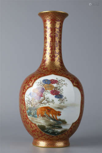 A Porcelain Display Bottle, Vermilion Base.