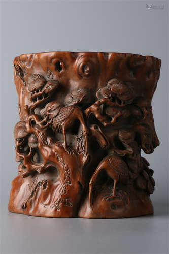 A Sandalwood Brush Pot with Pine Design.