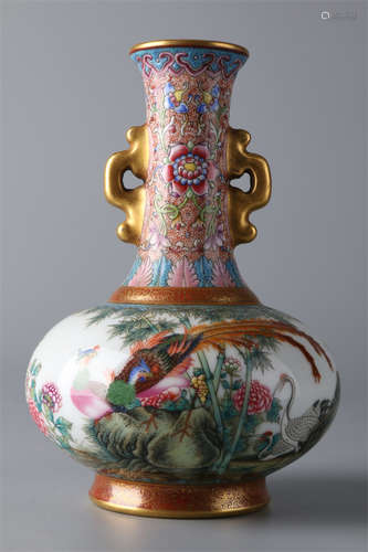 An Enameled Two-Ear Porcelain Display Bottle.