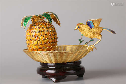 A Gilt Silver Flower and Bird Sculpture.