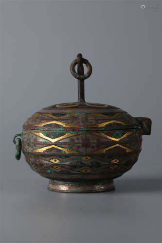 A Bronze Lidded Jar with Gold&Silver Inlay.