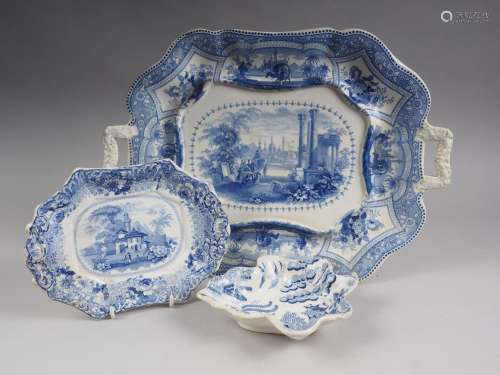 A 19th century Pearlware pickle dish, a similar stand, a two...