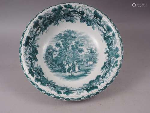 A 19th century Davenport green and white bowl with figure la...