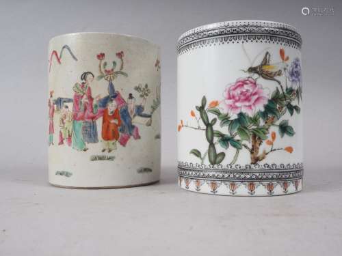A Chinese brush pot, decorated figures in a landscape with s...