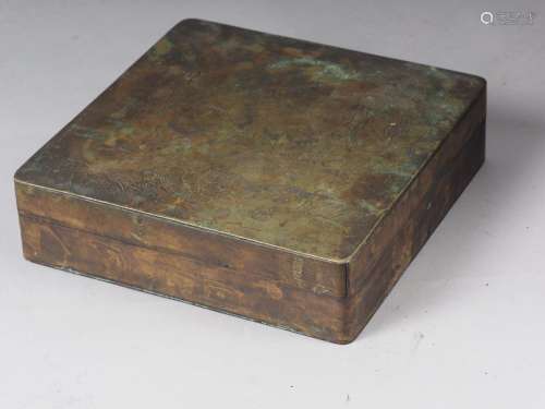 A Chinese brass ink box with engraved decoration, 7 3/4 squa...