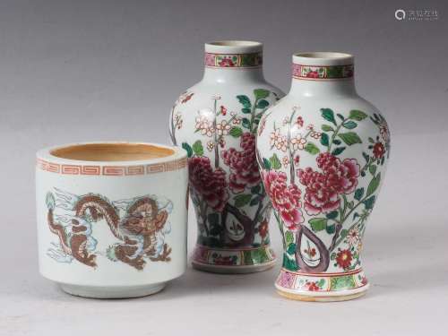 A pair of Chinese porcelain famille rose floral decorated ov...