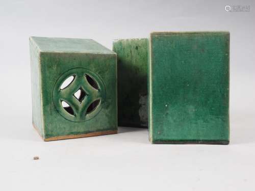 A pair of Oriental ceramic green glazed cushions, 7 high, an...