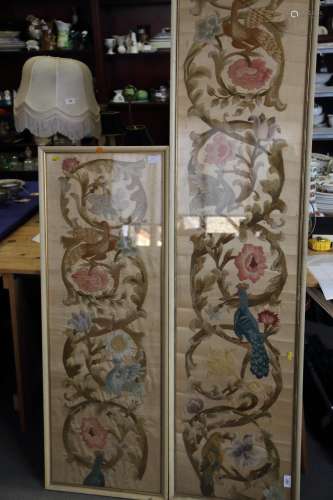 Two 19th century silk embroidered panels, birds and flowers ...