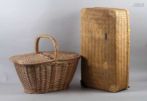 A split willow picnic basket with two covers, and a Chinese ...