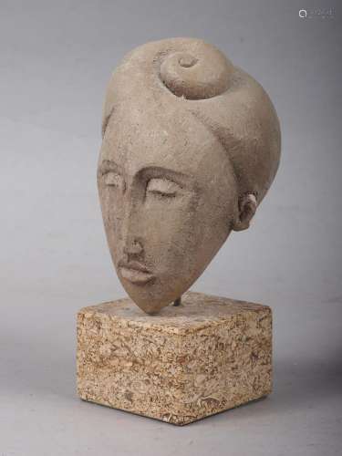 Patricia Volk: a ceramic bust, Turban Head, on marble base, ...