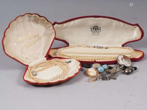 Two faux pearl necklaces, two cameo brooches and other jewel...