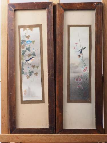 Two Japanese watercolours, flower and birds, two Oriental ne...