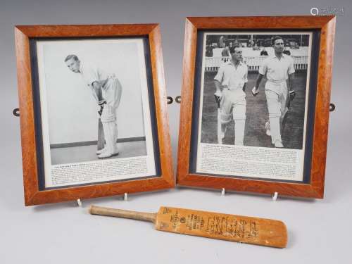 A pair of black and white prints, Denis Compton, in maple fr...