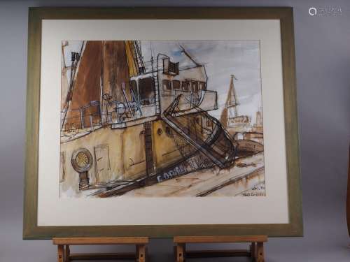 WM95: pen and wash, Triggs Leith, fishing boats in harbour, ...
