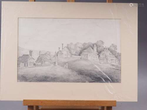 A 19th century pencil sketch, village with figures, 8 1/2 x ...