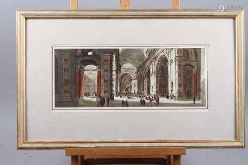 A pen, ink and wash interior scene of Saint Peters Basilica,...