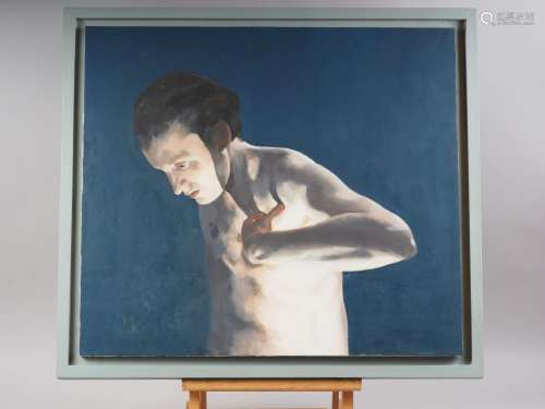 Sadie Tomlinson: oil on board, male figure, 23 x 26, in grey...