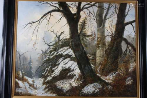 Delvaux: oil on canvas, winter scene, 25 1/4 x 31 1/2, in eb...