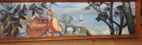 H E Y: oil on board, landscape with cottage loaf, fruit and ...