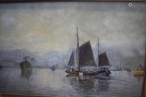 A 20th century oil on board, port scene with Thames barge an...
