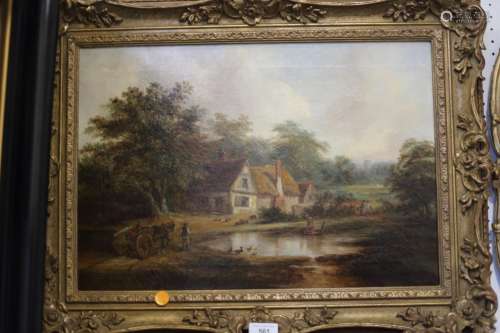 An English 19th century oil on canvas, landscape with cottag...