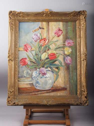 M Stinston: oil on canvas, still life with tulips, 19 1/2 x ...