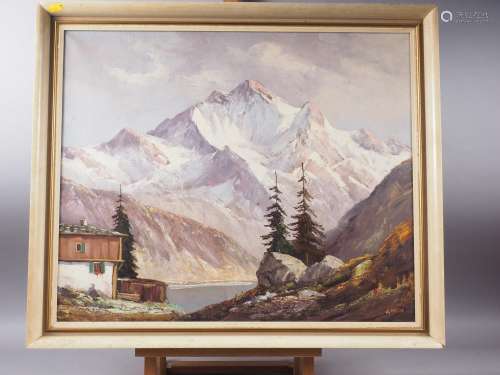 O Melzer: oil on canvas, Swiss mountain scene with chalet an...