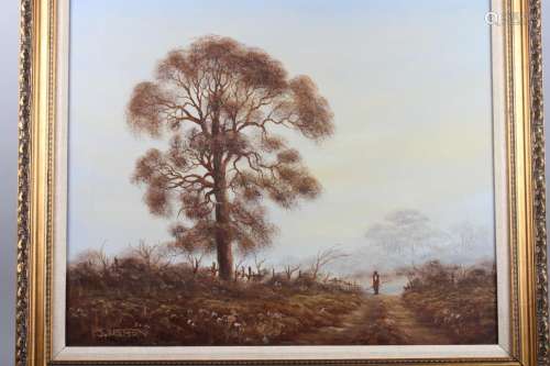 E B Watson: oil on canvas, autumn landscape with figure on a...