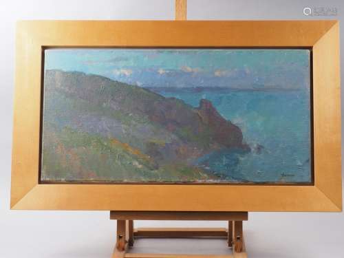 Jerome: oil on canvas, coastal scene, 12 x 24, in birch fram...