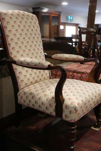 A late 19th century rosewood showframe open armchair, uphols...
