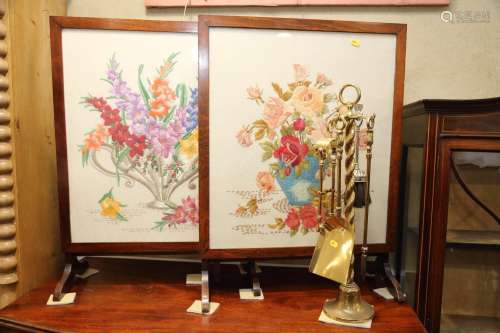 A pair of mahogany square framed fire screens/occasional tab...