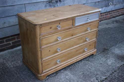 A late 19th century part painted pine chest of two short and...