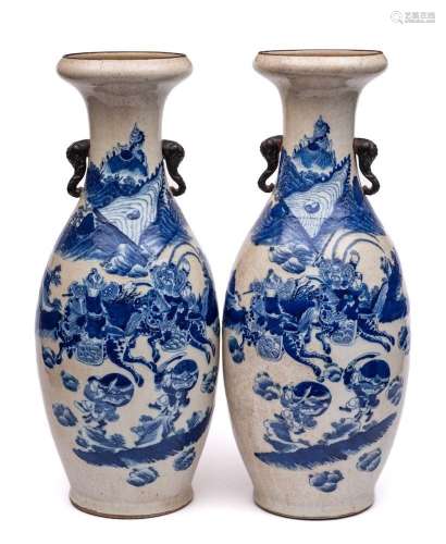A pair of large Chinese blue and white crackle glazed vases:...