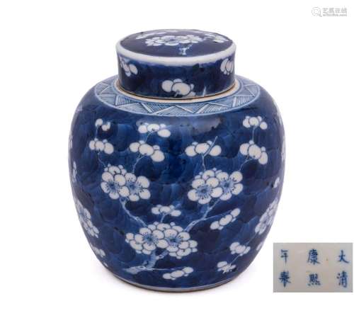 A small Chinese blue and white jar and cover: painted with p...