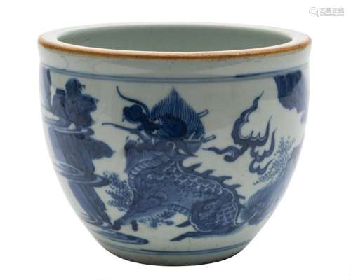 A Chinese blue and white small jardiniere: with flattened ri...