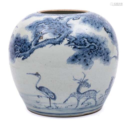 A Chinese blue and white deer and crane globular jar: painte...