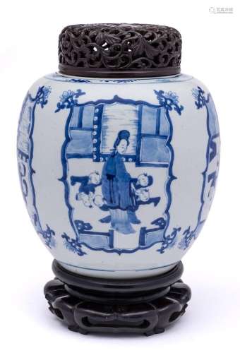 A Chinese blue and white Sixteen Sons ovoid jar: painted wit...