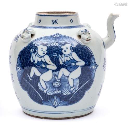 A Chinese blue and white boys and lotus wine ewer: with shor...